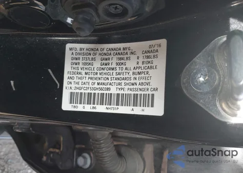 2016 Honda Civic Lx from USA, damaged, VIN 2HGFC2F53GH560389